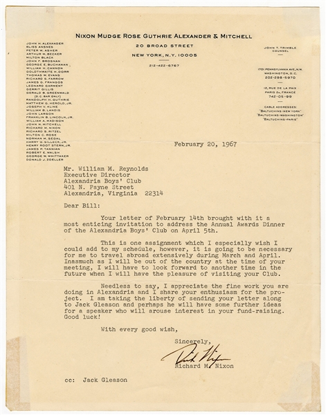 Richard M. Nixon Signed Law Firm Letter (1967)