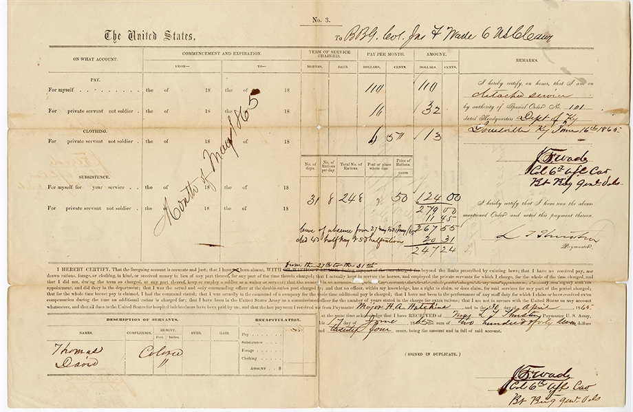 James F. Wade Twice Signed 1865 US Army Voucher (Officer of the US Colored Cavalry)
