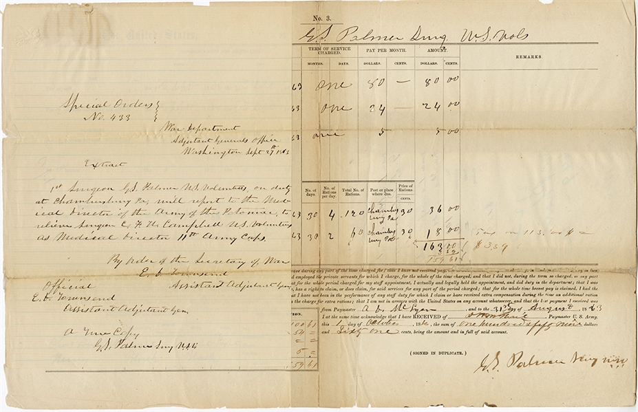 1863 Civil War Pay Voucher and War Dept. Signed Special Orders