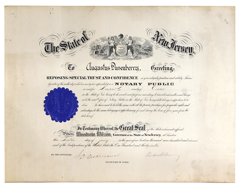 1911 Woodrow Wilson New Jersey Signed Certificate as Governor