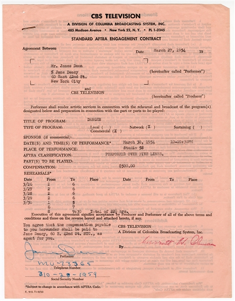 James Dean Signed “Danger The Little Women” CBS Television Contract 3/27/1954 with Handwritten Social Security Number (JSA)