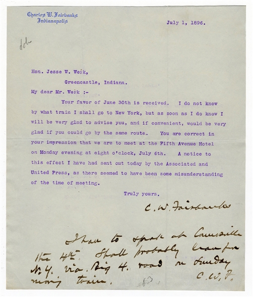 1896 Charles W Fairbanks Signed Letter (Vice President Under Theodore Roosevelt)