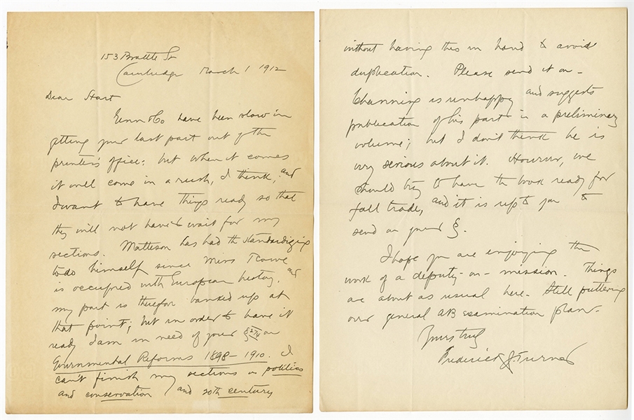 Frederick Turner Pulitzer Prize Winning Historian Handwritten Letter (1912)
