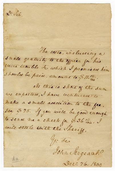John Sargeant Handwritten Signed Letter / 1832 Vice Presidential Candidate (1779-1852)