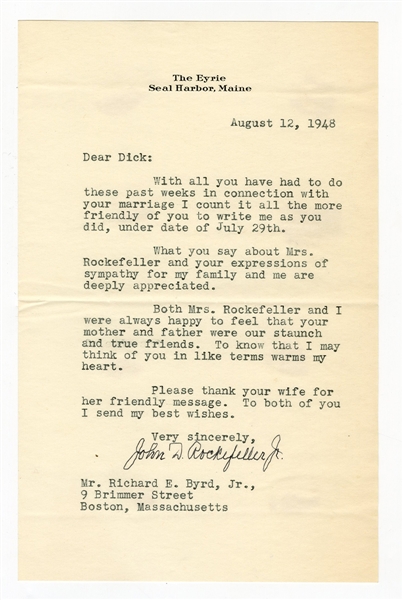 John D. Rockefeller Jr. Signed Letter to Richard E. Byrd, Jr.
