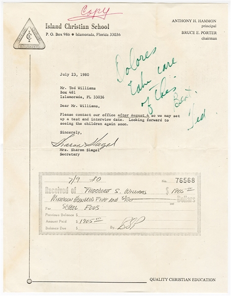 Ted Williams Signed & Hand-Annotated Typed Letter from His Childrens School