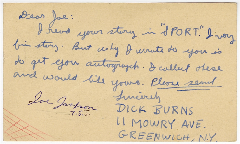 "Shoeless" Joe Jackson 1950 Autograph on Fan Postcard