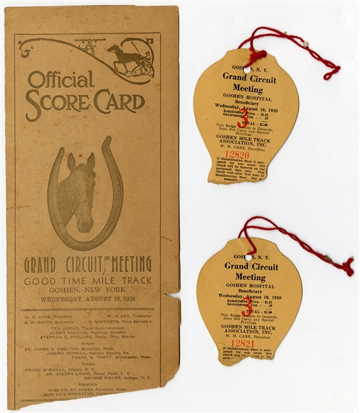 Vintage Original 1938 Grand Circuit Meeting Harness Horse Racing Official Score Card and Tickets
