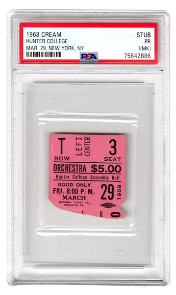 1968 Cream Hunter College 3/29/68 Incredibly Rare Ticket Stub (PSA/DNA Encapsulated 1)