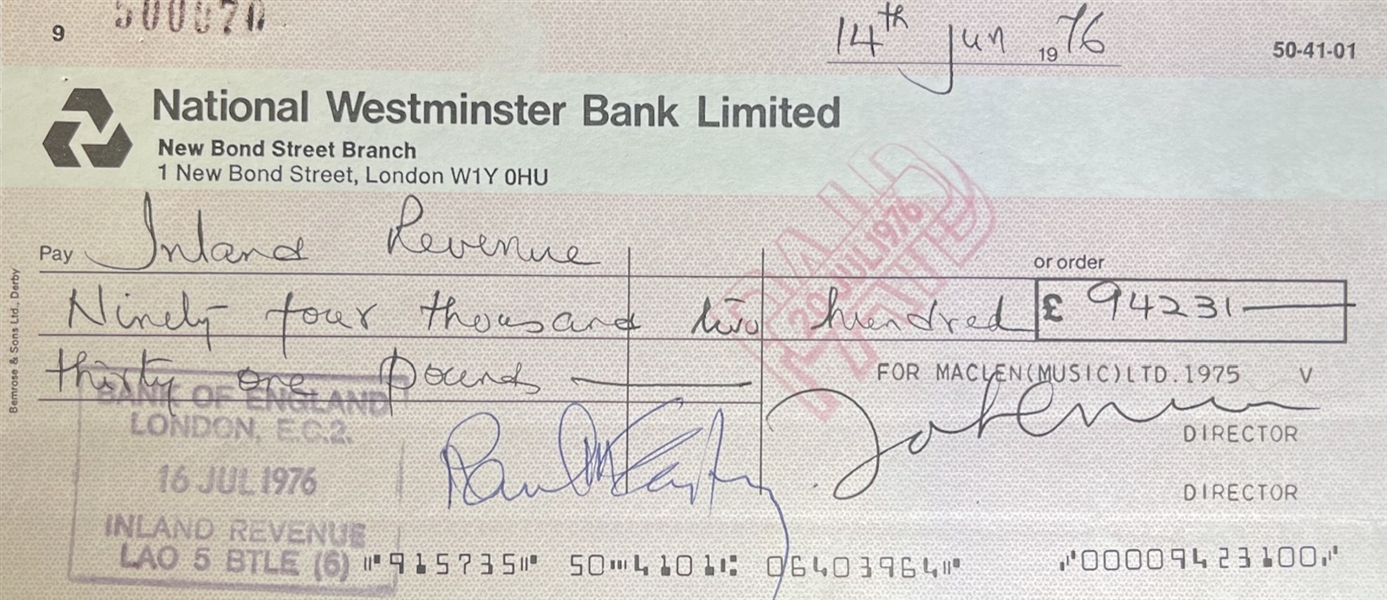 John Lennon & Paul McCartney Dual Signed 1976 National Westminster Bank Limited Check (REAL)