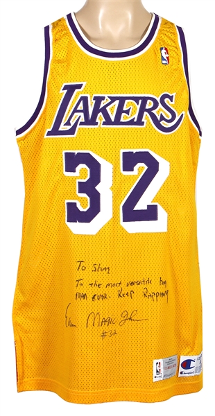 Magic Johnson 1992-1993 Game Issued & Signed Jersey Gifted to Shaquille O’Neal (Shaq LOA & Beckett)