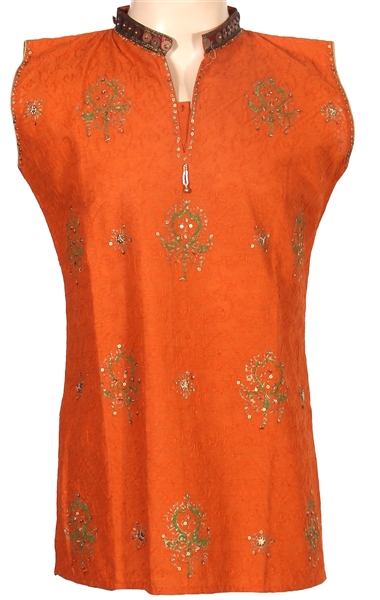 Prince Owned and Worn Custom Made Indian-Style Orange and Gold Embellished Linen Tunic