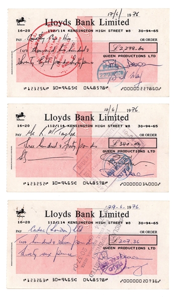 Queen 1976 Original Band Members Signed Lloyds Bank Queens Productions Ltd. Checks (JSA & REAL)