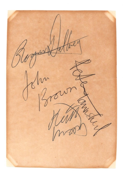 The Who Band Signed Sheet with Keith Moon and Incredible “John Brown” Alias Signature (JSA & REAL)