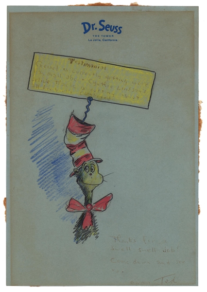 Incredible Theodore Geisel (Dr. Seuss) Signed Hand-Drawn “Cat In The Hat” On Vintage Dr. Seuss Stationery (PSA/DNA)