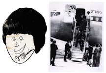 George Harrison Original 8/13/1965 Hand-Drawn and Signed Caricature Self-Portrait As Seen On The Inside Plane Door Landing In New York (Caiazzo, REAL)