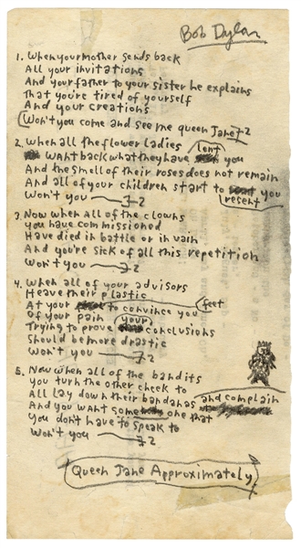 Bob Dylan Handwritten and Signed Original "Queen Jane Approximately" Working Lyrics (JSA)