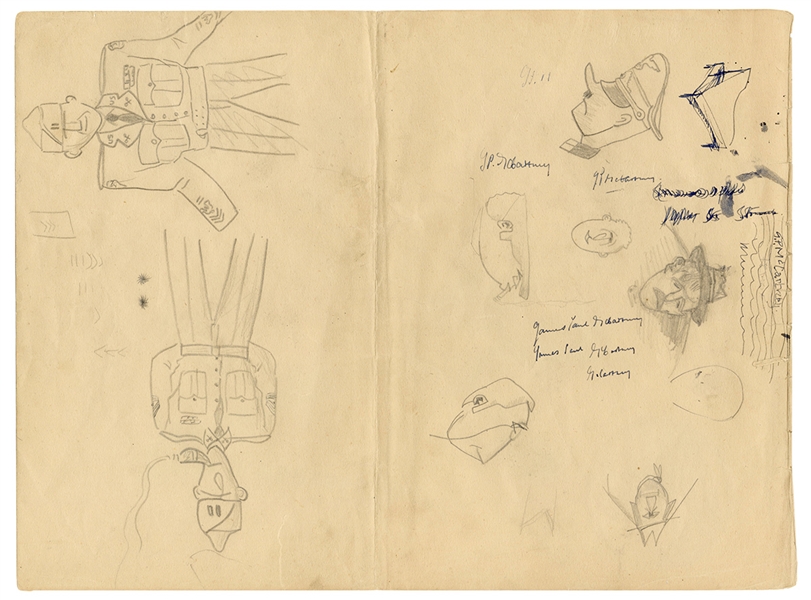 Paul McCartney 1958 Seven Times Signed Original Drawing of Military Figures & Electric Guitar (REAL)