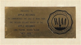 The Beatles “Hey Jude” RIAA White Matte Gold Album Award Presented to Apple Records