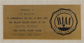 The Beatles “Yesterday and Today” RIAA White Matte Gold Album Award Presented to The Beatles