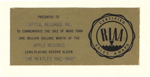 The Beatles “The Beatles 1962-1966” RIAA White Matte Gold Album Award Presented to Capitol Records INC