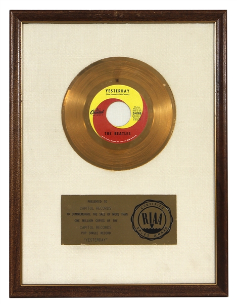 The Beatles “Yesterday” RIAA White Matte Gold 45 Record Award Presented to Capitol Records