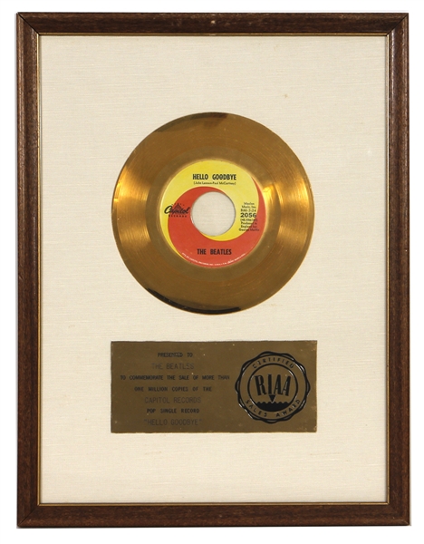 The Beatles “Hello Goodbye” RIAA White Matte Gold 45 Record Award Presented to The Beatles