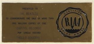 The Beatles “Hello Goodbye” RIAA White Matte Gold 45 Record Award Presented to The Beatles