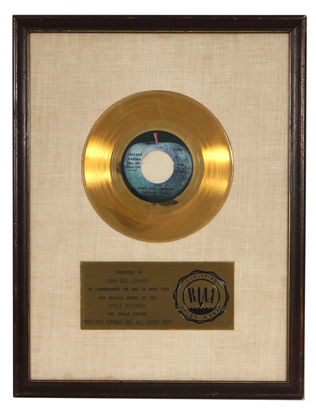 John Lennon “Instant Karma (We All Shine On)” RIAA White Matte Gold 45 Record Award Presented to John Ono Lennon