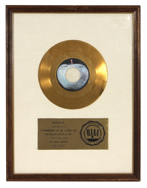 The Beatles “Get Back” RIAA White Matte Gold 45 Record Award Presented to The Beatles