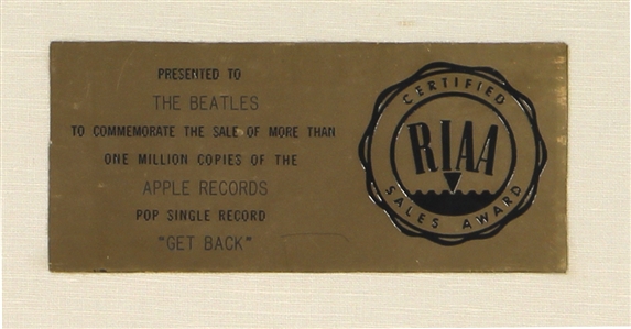 The Beatles “Get Back” RIAA White Matte Gold 45 Record Award Presented to The Beatles