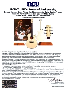 George Harrison Stage Played Washburn Acoustic Guitar During Prince’s Trust All-Star Rock Concert On 10/13/1987 For Iconic Here Comes the Sun Performance (RGU)