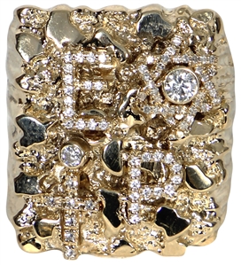 Elvis Presley Owned and Worn 14kt Gold "EP", Star of David and Cross, Diamond Ring (RGU)