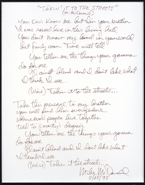 Doobie Brothers Michael McDonald Handwritten and Signed “Takin’ It To The Streets” Lyrics (REAL)