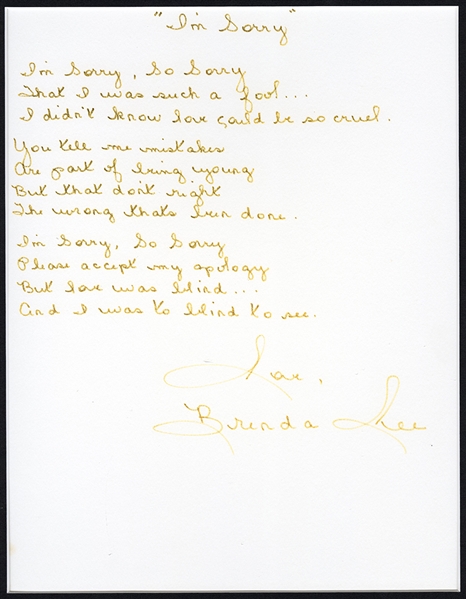 Brenda Lee Handwritten and Signed “I’m Sorry” Lyrics