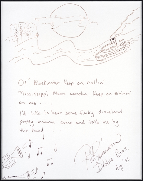 The Doobie Brothers Patrick Simmons Handwritten & Signed “Black Water” Lyrics With Hand Drawings (REAL)