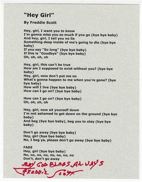 Freddie Scott Signed “Hey Girl” Lyric Sheet