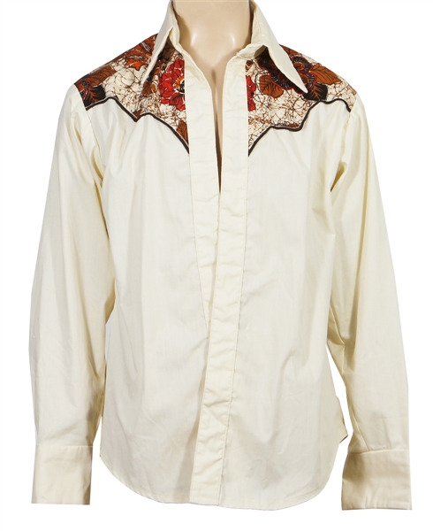 John Denver Owned & Worn Custom Western Style Light Tan Shirt with Brown and Orange Flowers