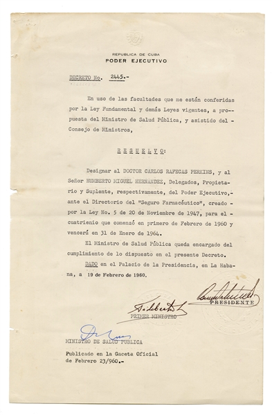 Fidel Castro, President Of Cuba And Minister Of Health 1960 Signed Decree