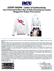 Jay-Z Owned, Worn and Signed Roc-A-Fella Promotional Jacket with Incredible Inscription (JSA & RGU)