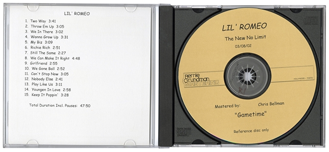 Lil Romeo Gametime Bernie Grundman Mastering CD Reference #1 With 5 Unreleased Tracks (No Limit Records)
