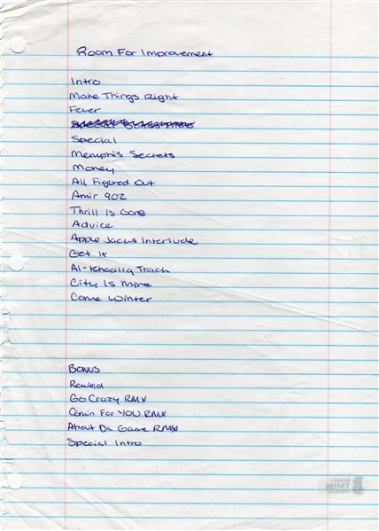 Drake Incredibly Rare Handwritten "Room For Improvement" Debut Mixtape Original Track List Featuring "Come Winter" and 7 Other Released Songs (Beckett)