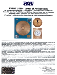 The Beatles 1960 Pete Best’s Zildjian Ride Cymbal From The First Beatles Drum Kit - Used by Paul McCartney & Ringo Starr on Stage and on Hamburg Auditions, Decca Auditions and “Love Me Do” Recordings