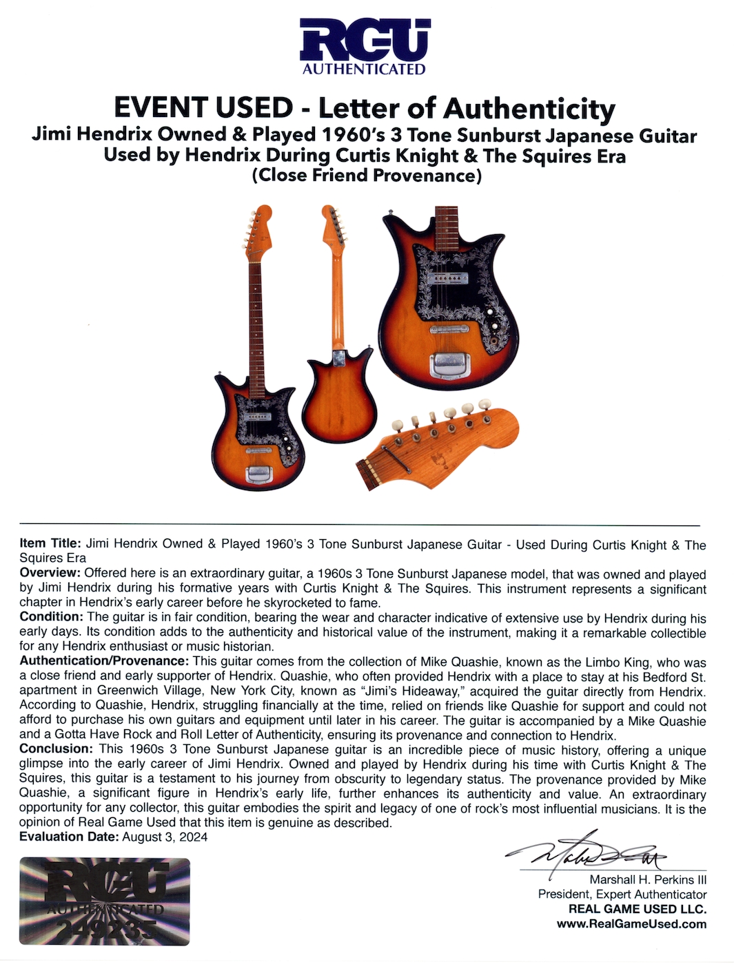 Lot Detail Jimi Hendrix Owned Played 1960 s 3 Tone Sunburst Japanese Guitar Used by Hendrix During Curtis Knight The Squires Era RGU