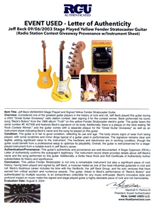 Jeff Beck 09/06/2003 Stage Played and Signed Yellow Fender Stratocaster Guitar (RGU & REAL)