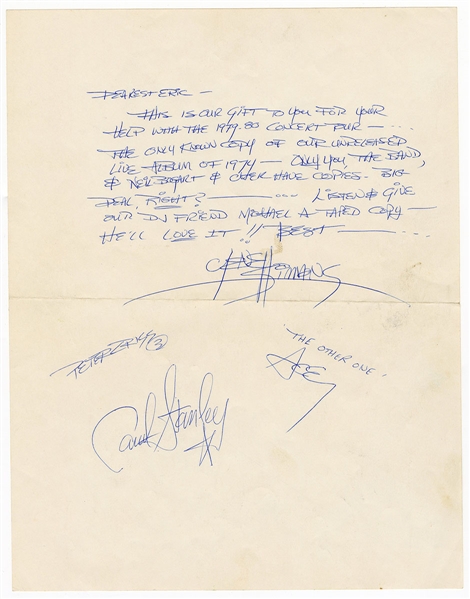 KISS Gene Simmons 1979 Handwritten Letter - Mentions Unreleased 1974 Live Album -- Signed by Gene Simmons Who Signed for Band