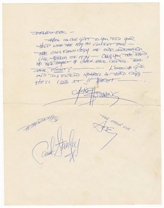 KISS Gene Simmons 1979 Handwritten Letter - Mentions Unreleased 1974 Live Album -- Signed by Gene Simmons Who Signed for Band