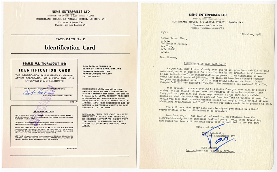 NEMS Enterprises Original 1966 Backstage Pass Creation Documents Signed by Bob Bonis and Tony Barrow