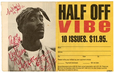 Tupac Shakur Signed Iconic VIBE Magazine Photograph with Incredible “The World is Yours, Keep Ya Head Up, Strive Study & Survive” Inscription (JSA)