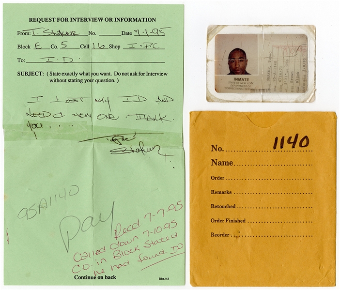 Tupac Shakurs 3/8/1995 New York Department Of Corrections Prison ID Card with Handwritten Letter (RGU)